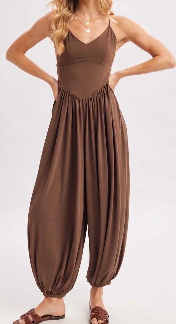 Bluivy Small NWT Harem Backless Jumpsuit $75 Genie Mocha Brown V Neck Cross Back
